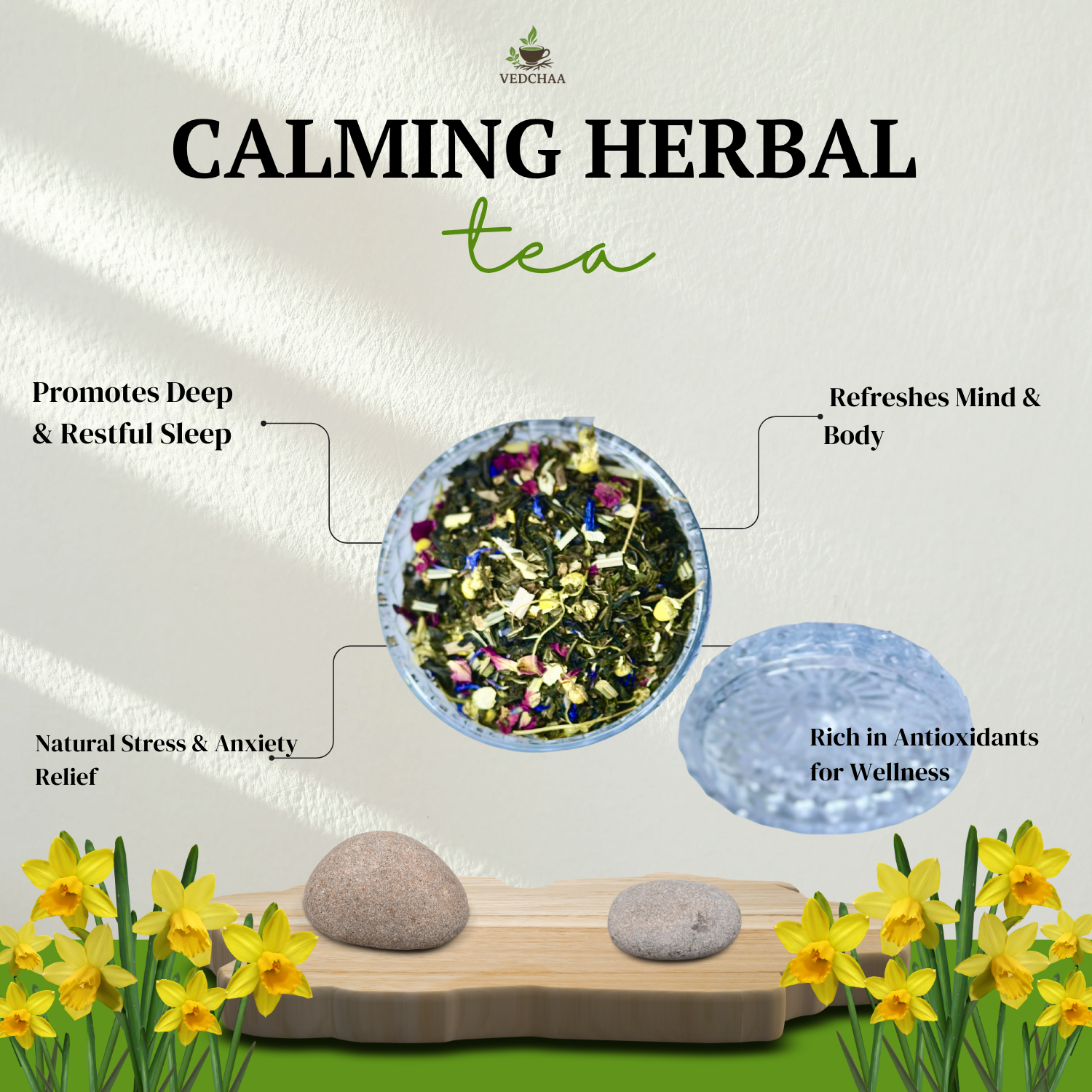 Calming Herbal Tea (Natural Anxiety Relief Tea) – Green Tea, Peppermint, Chamomile, Lemon Balm & Rose Petals for Stress Relief & Better Sleep