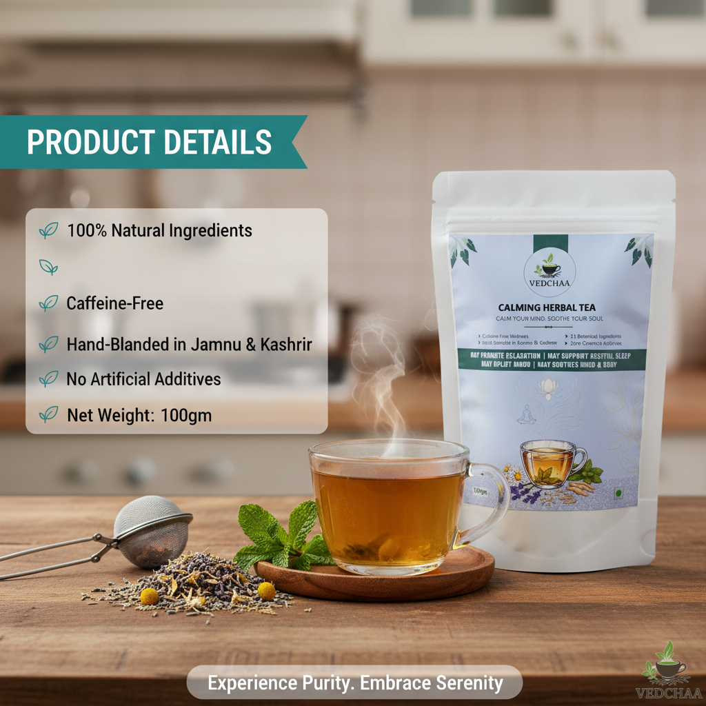 Vedchaa Calming Herbal Tea for Stress Relief & Better Sleep | Natural Green Tea with Chamomile, Lemon Balm, Peppermint & Rose Petals