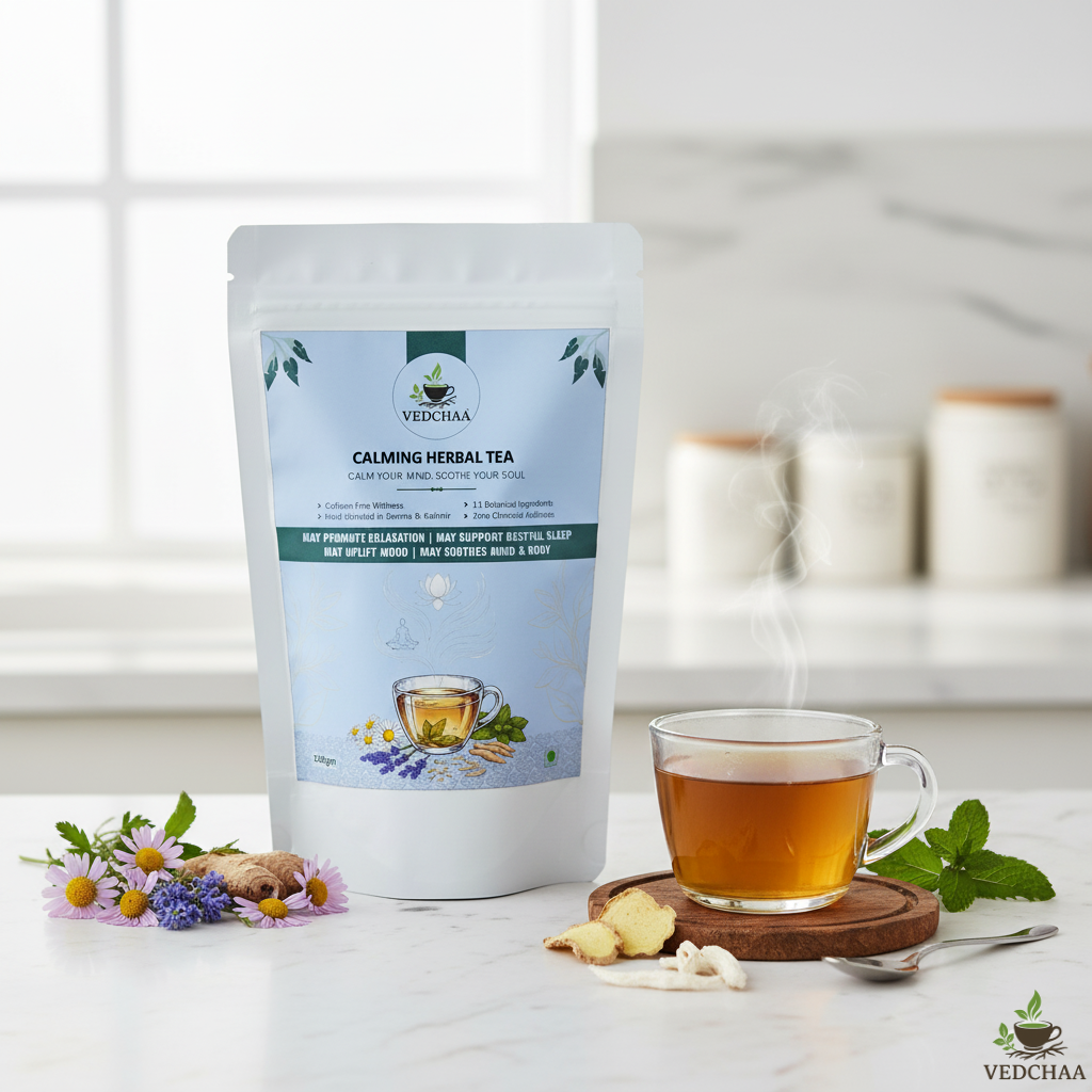Vedchaa Calming Herbal Tea for Stress Relief & Better Sleep | Natural Green Tea with Chamomile, Lemon Balm, Peppermint & Rose Petals