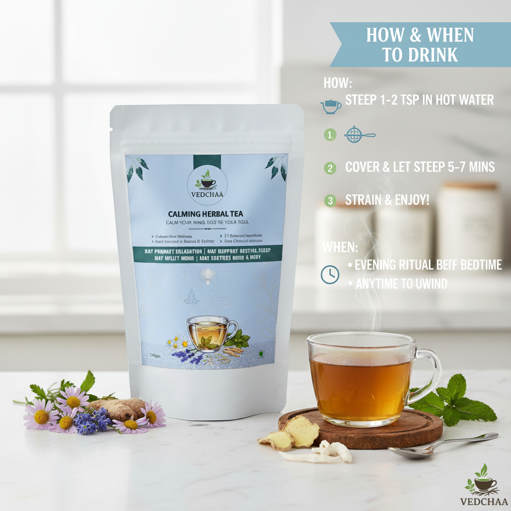 Vedchaa Calming Herbal Tea for Stress Relief & Better Sleep | Natural Green Tea with Chamomile, Lemon Balm, Peppermint & Rose Petals