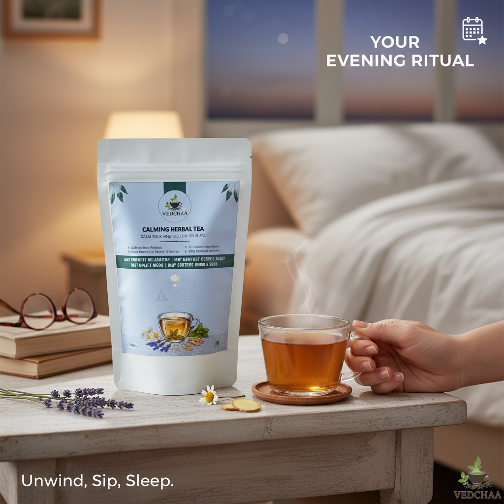 Vedchaa Calming Herbal Tea for Stress Relief & Better Sleep | Natural Green Tea with Chamomile, Lemon Balm, Peppermint & Rose Petals