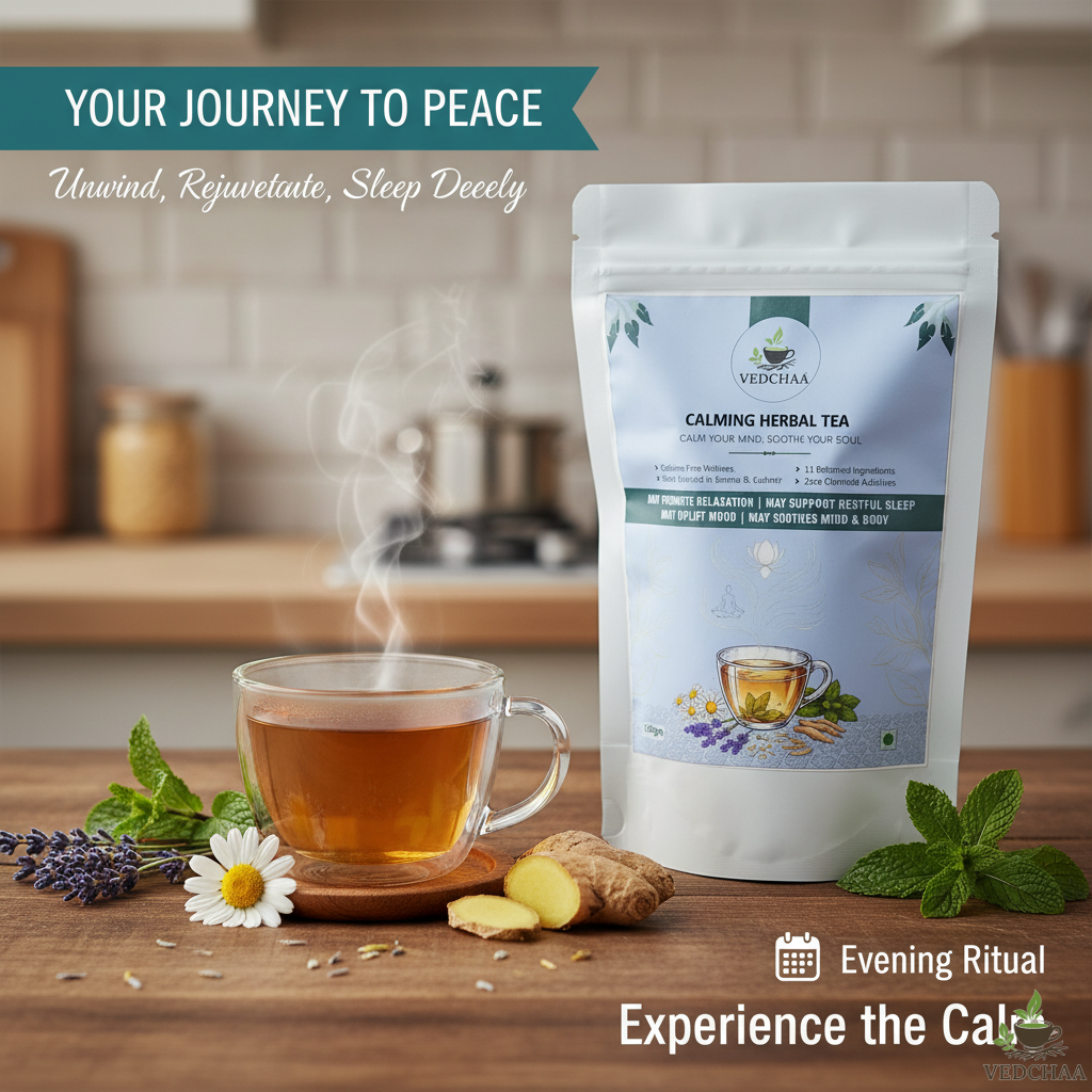 Vedchaa Calming Herbal Tea for Stress Relief & Better Sleep | Natural Green Tea with Chamomile, Lemon Balm, Peppermint & Rose Petals