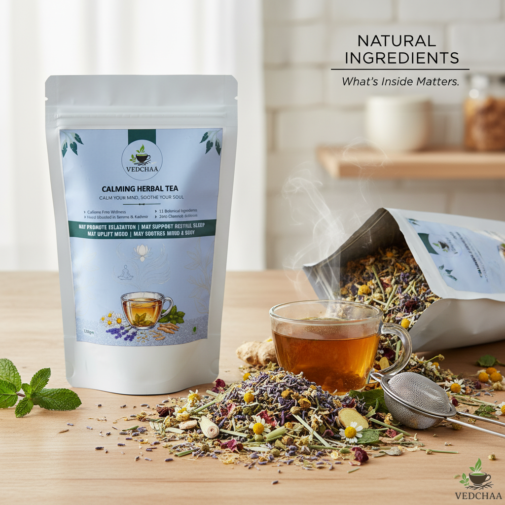 Vedchaa Calming Herbal Tea for Stress Relief & Better Sleep | Natural Green Tea with Chamomile, Lemon Balm, Peppermint & Rose Petals